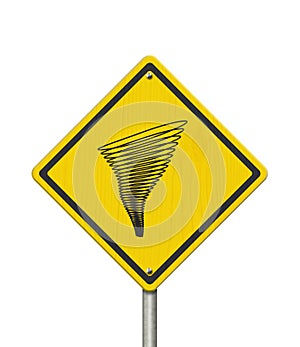 Tornado warning on a on yellow highway caution road sign