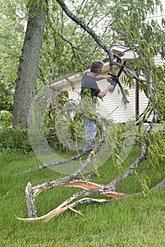 Tornado Wind Storm Damage, Man Chainsaw Downed Tree