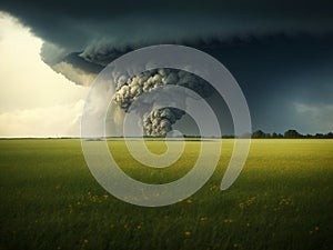 Tornado wind in a vast field of green grass