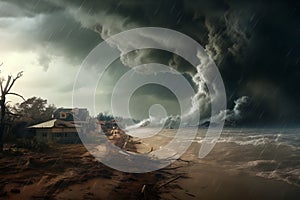 Tornadoes devastate land and oceans. The concept of extreme weather and climate change. ai generative photo