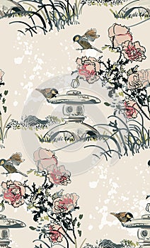Toro light flower nature landscape view vector japanese chinese oriental line art ink seamless pattern photo