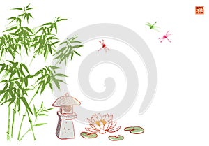 Toro stone lantern, lotus flower, bamboo tree and dragonflies on white background. Japansese zen garden composition