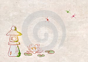 Toro stone lantern, lotus flower and dragonflies on vintage background. Japansese zen garden composition