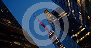 Toronto, Canada - May 6, 2023: View from below of Toronto city at night. Best time for tourist walk is Toronto Night