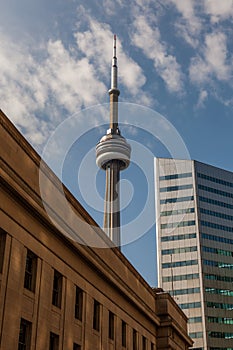 Toronto, CANADA - October 10, 2018:View of the streets of Toronto with The CN Tower, a 553.3 m-high concrete communications and o