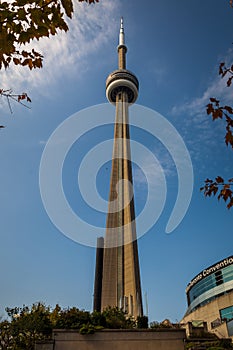 Toronto, CANADA - October 10, 2018:View of the streets of Toronto with The CN Tower, a 553.3 m-high concrete communications and o