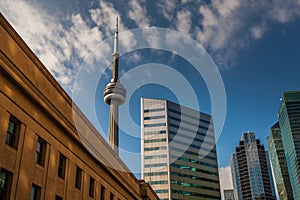 Toronto, CANADA - October 10, 2018:View of the streets of Toronto with The CN Tower, a 553.3 m-high concrete communications and o