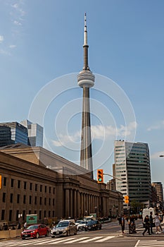 Toronto, CANADA - October 10, 2018:View of the streets of Toronto with The CN Tower, a 553.3 m-high concrete communications and o