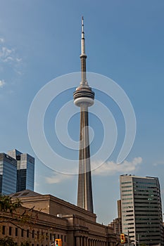 Toronto, CANADA - October 10, 2018:View of the streets of Toronto with The CN Tower, a 553.3 m-high concrete communications and o