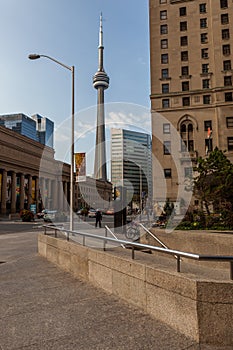 Toronto, CANADA - October 10, 2018:View of the streets of Toronto with The CN Tower, a 553.3 m-high concrete communications and o