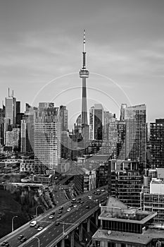 Toronto city on cloudy day in black and white
