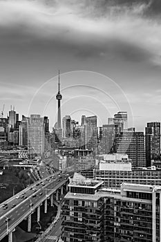 Toronto city on cloudy day in black and white