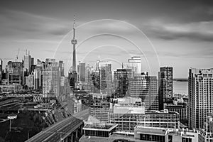 Toronto city on cloudy day in black and white