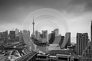 Toronto city on cloudy day in black and white