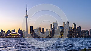 Toronto City downtown skyline panorama horizon at sunset time dusk to night.