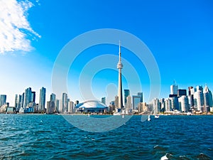 Toronto city skyline from the ferry travels to center island, Toronto, Canada