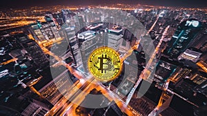Toronto city skyline at night with bitcoin symbol. Generative Ai