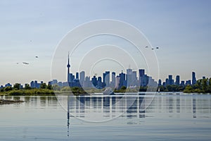 Toronto cityscape with skyscraper, calm lake water. urban skyline background