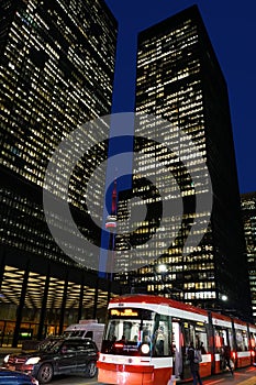 Toronto financial district office buildings at night