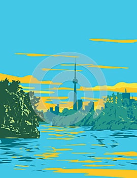Toronto Island Park with Toronto skyline on Lake Ontario Canada WPA Poster Art