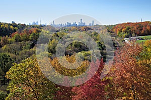 Aerial view of the colorful Don Valley Parkway in autumn with multicolored foliage on the trees in the changing seasons