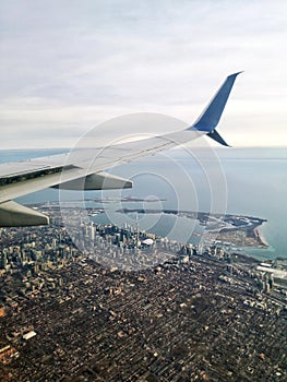 Toronto, Ontario, Canada - December 13, 2019: Aerial view on beautiful landscape view on Toronto city from an air plane. Financial