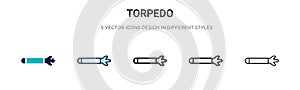 Torpedo icon in filled, thin line, outline and stroke style. Vector illustration of two colored and black torpedo vector icons