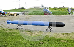 Torpedo. Monument of military equipment and ammunition. Torpedo