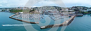 Torquay marina and harbour aerial panorama image.