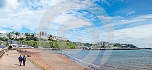 Torquay seafront panorama image. English riviera with cafe\'s, bars.