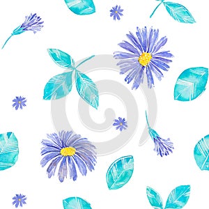 Torquoise green leaves and violet flowers, seamless pattern. photo