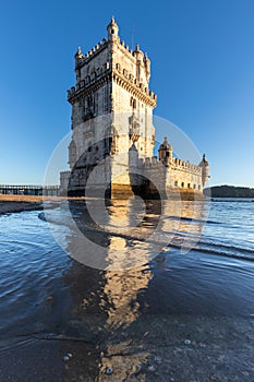 Torre de BelÃ©m on the banks of the Tagus, historic watchtower in the sunset photo