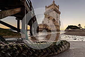 Torre de BelÃ©m on the banks of the Tagus, historic watchtower in the sunset photo