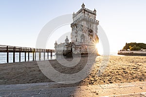 Torre de BelÃ©m on the banks of the Tagus, historic watchtower in the sunset photo