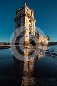 Torre de BelÃ©m, historical monument in the Tagus river. Sunset Lisbon Portugal photo