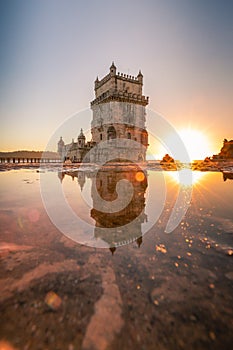 Torre de BelÃ©m, historical monument in the Tagus river. Sunset Lisbon Portugal photo