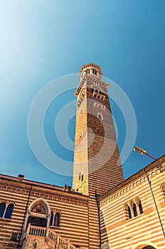 Torre dei Lamberti clock tower of Palazzo della Ragione palace building in Piazza Delle Erbe
