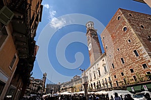 Torre dei Lamberti - medieval tower of the Lamberti. Piazza delle Erbe in Verona