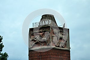 Torre dei Venti tower with Bergamo sign Italy