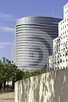 Torre del Agua skyskraper in the International Exposition in the city of Zaragoza, Spain. Tower of Water