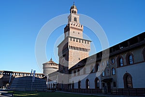 Torre del Filarete, front gate tower, and wall of the Sforza Castle, Castello Sforzesco, Milan, Italy