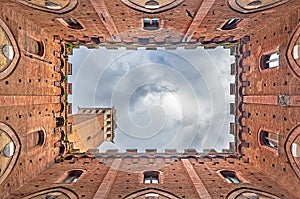 Torre del Mangia in Siena, Italy, seen from the inside of Palazzo Pubblico
