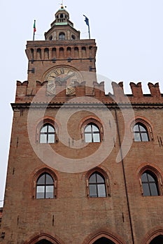 Torre dell`orologio clock tower in Palazzo d`Accursio. Bologna, Italy