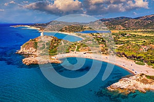 Torre di Chia view from flying drone. Acropoli di Bithia with Torre di Chia tower on background. Aerial view of Sardinia island,