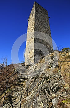 Torre di Santa Maria in the mountain town of Santa Maria in Calanca, Switzerland