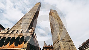 Torre Garisenda and Torre Degli Asinelli leaning towers aka Due Torri meaning Two towers in Bologna photo