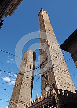 Torre Garisenda and Torre Degli Asinelli leaning towers aka Due Torri meaning Two towers in Bologna photo