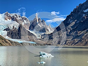 Torre Lagoon with floating icebergs in El Chalten, Argentina