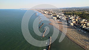 Torre Pedrera Beach, Rimini. Aerial view from drone in summer season photo