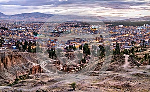 Torre Torre rock formations and skyline of Huancayo in Peru photo